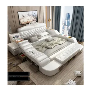 Op Verkoop Moderne Witte Slaapkamer Meubilair Lederen Kingsize Bed Met Speaker Usb Lader Massage Slaapbank