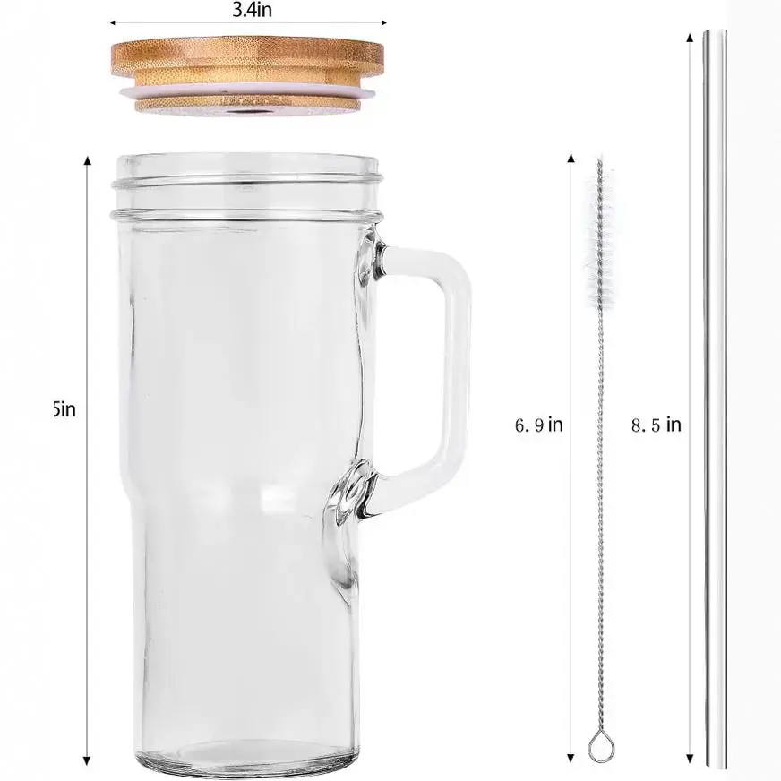 24oz Handle Bamboo Mason Glass Cup Smooth Straw Cold Drink Cup with Lid Milk Tea Juice Mug