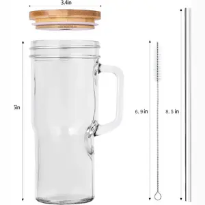 24oz Handle Bamboo Mason Glass Cup Smooth Straw Cold Drink Cup with Lid Milk Tea Juice Mug