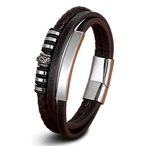 Wholesale Genuine Leather Men Bracelet High Quality 316l Stainless Steel Multi Layer Bracelet Jewelry