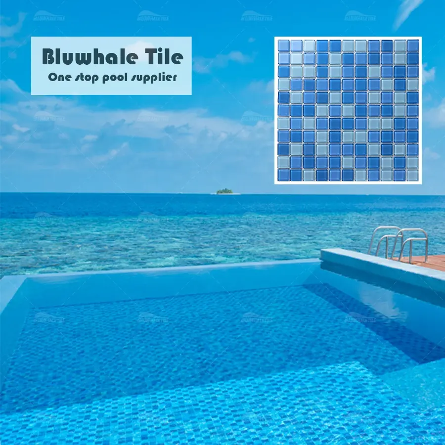 Carrelage mural en cristal bleu mélangé pour piscine, pour décoration de salle de bains, carré, carreaux de mosaïque en verre, économique, 25x25mm