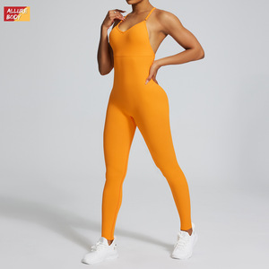Combinaison de yoga sans couture pour femme Allure Body, col halter, dos nu, en spandex et polyester, pour la danse et le fitness, couleur orange Hermès - Product Image 1