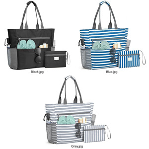 Bolso de Playa Extra Grande con Correa para la Muñeca, Impermeable, con Múltiples Bolsillos, a Rayas, para Mujer, con Cierre, a Prueba de Arena, Familiar - Product Image 6