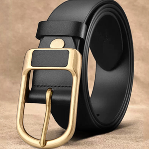 Cinturón de Cuero Genuino Negro, Piel de Vaca, Color Sólido, Hebilla Rectangular, Hebilla de Cobre, Estilo Formal, Cinturón Duradero para Hombre - Product Image 1
