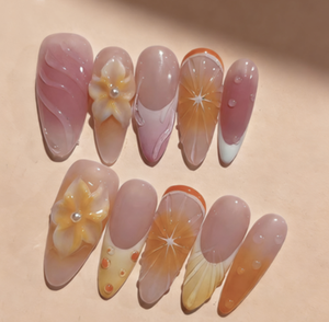 Lot de 10 faux ongles à presser en ABS, faits main, style français 3D, orange, courts, avec strass, design rétro de luxe, forme amande, couverture complète pour les doigts - Product Image 3