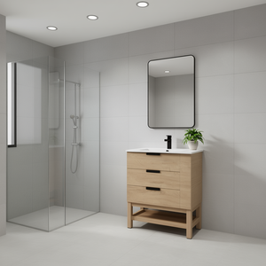 Mueble de Baño de 30 Pulgadas para Montar en la Pared con Espejo, Cajón de Cierre Suave, Diseño Moderno y Minimalista, Lavabo de Cerámica, Acabado en Madera Clara - Product Image 2