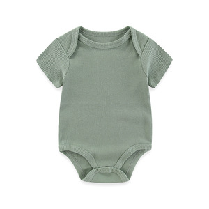 Katoenen korte mouwen effen uni kleur geribbelde op maat gemaakte baby romper jacquard bodysuit vest - Product Image 4