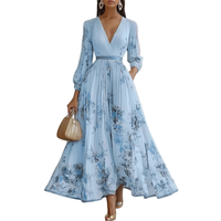 Robes de vacances imprimées à manches longues en mousseline de soie florale pour femmes, col en V, taille froncée, tailles S-3XL, tendance
