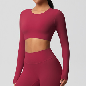 Top Yoga a Maniche Lunghe Crop Solido in Spandex/Nylon Spazzolato su Entrambi i Lati, Vestibilità Slim Traspirante <span class=keywords><strong>per</strong></span> Corsa e <span class=keywords><strong>Fitness</strong></span> - Product Image 4