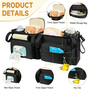 Double Stroller Caddy Portable Baby Diaper Storage Bag <b>Black</b> Double Stroller Parent <b>Console</b> with Cooler Bag and Cup Holder - Product Image 5