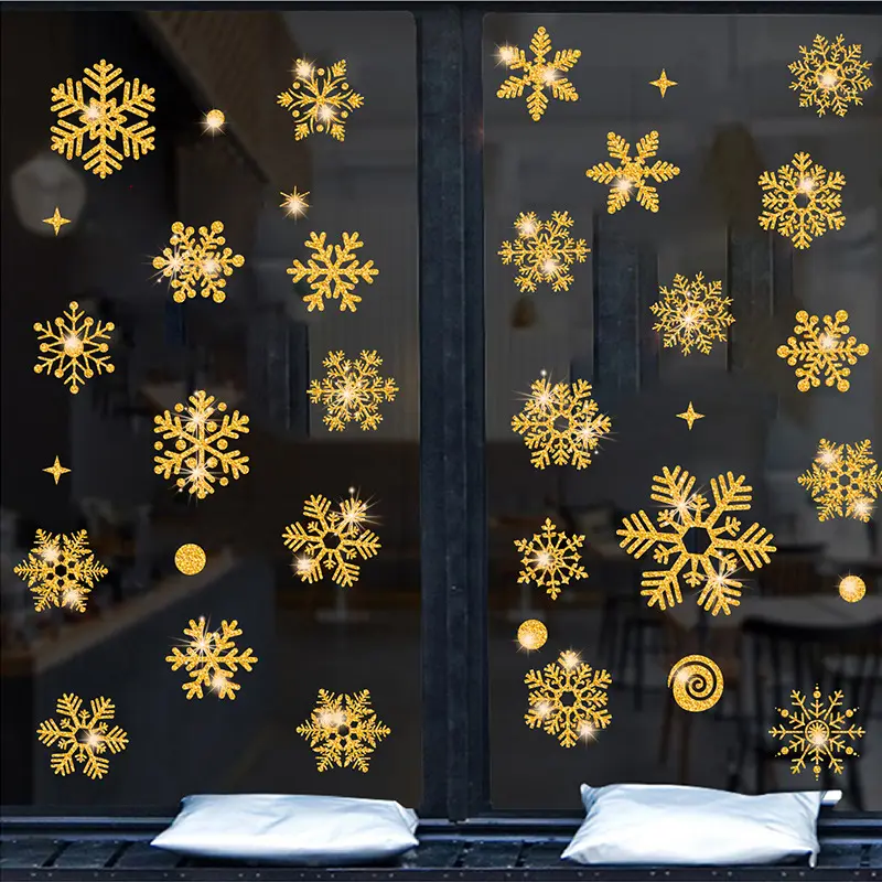 New Year Winter Christmas Snowflake Window Glass Cling Gold Glitter Gold Silver Xmas Sticker Decal For Holiday Party Ornaments