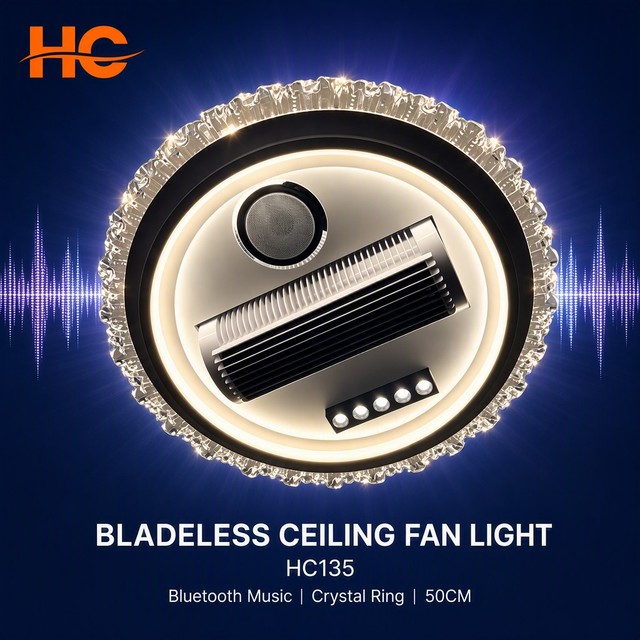 Bladeless Modern Ceiling Fan Light for Music No Spinning Blades Crystal Ring Warm White LED 5 Spotlights Remote 6-Speed