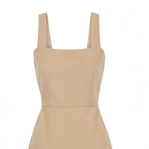 Beige Square Neck Spaghetti <b>Strap</b> Mini <b>Dress</b> Sleeveless Fitted A-Line Solid Color Casual Summer <b>Dress</b> - Product Image 5