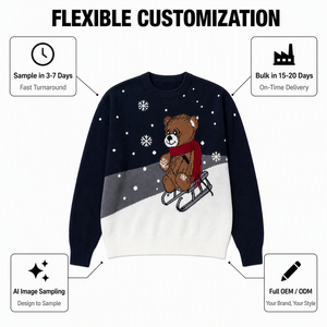 OEM Custom Women Navy Blue Jacquard <strong>Teddy</strong> <strong>Bear</strong> Snowflake Crew Neck Long Sleeve Pullover Sweater Wholesale OEM ODM - Product Image 1