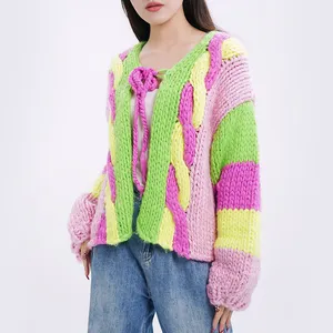 Оптовая продажа, вязаный кардиган с короткими полосками и длинными рукавами на заказ, женский свитер для маленьких девочек, зимняя форма