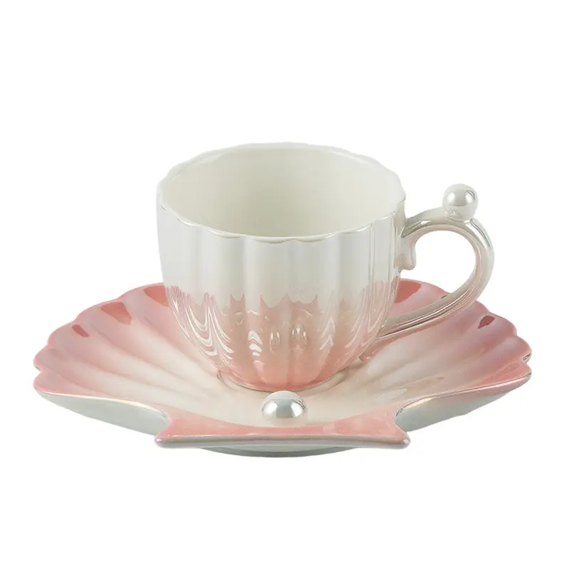 펄 쉘 핑크 커피 컵 컬러 유약 세라믹 컵 크리에이티브 머그 세라믹 커피 컵과 접시 세트