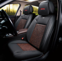 Hochwertiger Leder-Holzperlen Autositzbezug Kissen für Golf E-Klasse Polo CC Sommernutzung Universelle Passform Sportdesign Airbag