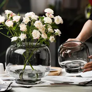 Florero de vidrio de color primario, jarrón redondo y grande, moderno, minimalista, transparente, con arreglo de flores, para mesa