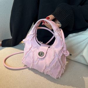 Wholesale Denim Solid Color Ruched Embroidery Cover Closure Fluffy Plush <b>Tassel</b> Hobo <b>Handbag</b> Women Shoulder Messenger Bags - Product Image 2