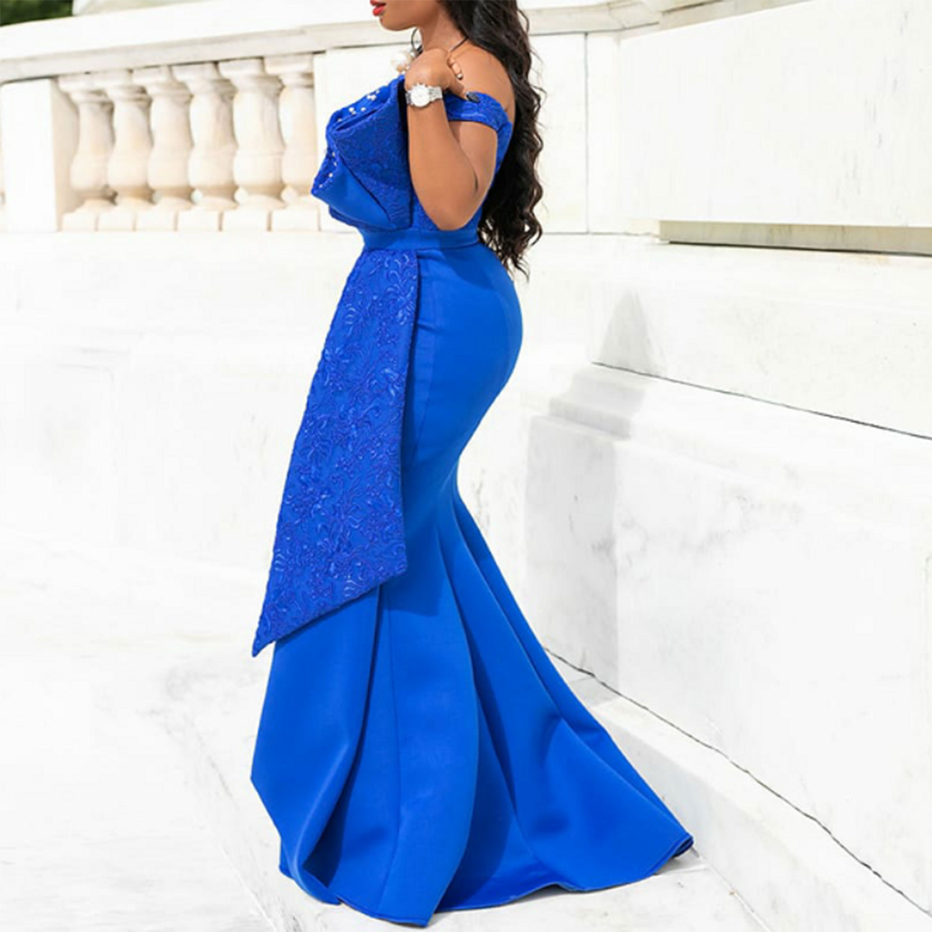 open lace back dress Royal Blue Glitter Party Dress with Slit main image 1