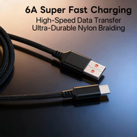 Cable de Carga Rápida USB Tipo-C de Nailon Trenzado de Alta Calidad, 6A, con Conductor de Cobre Puro para Teléfono Móvil, Computadora y Auriculares