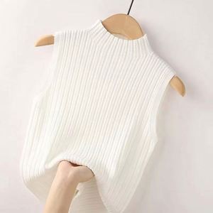 I-0669 Top sans manches rétro chic pour femme, pull court en maille respirante, couleur unie, style décontracté pour l'automne - Product Image 6