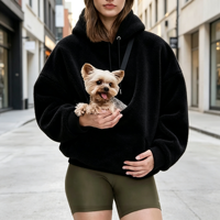 2026 Sweat-shirt à capuche surdimensionné en peluche pour femme, en fibre de bambou doublée, couleur unie, automne hiver, avec pochette de transport pour animaux de compagnie