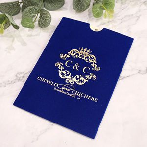 Invito tascabile in velluto blu scuro personalizzato con nappine di lusso carte di nozze fatte a mano <span class=keywords><strong>carta</strong></span> stagnola d'oro - Product Image 6