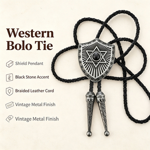 Cravate Bolo Western Vintage pour Homme, Pendentif Bouclier, Pierre Noire, Motif Étoile, Cordon en Cuir Tressé, Accessoire Décontracté pour Chemise - Product Image 1