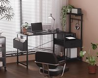 Bureau compact pour ordinateur portable avec rangement latéral, étagère pour imprimante et tiroirs, idéal pour le travail, l'étude, l'écriture, la salle de jeux ou la chambre à coucher