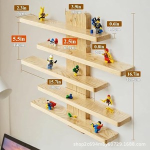 Wooden <b>Wall</b> Mounted Shelf 5 Tier For Figurines And Toys Childrens Room <b>Display</b> Rack Natural Wood Color - Product Image 3
