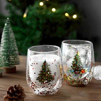 Taza de Vidrio de Borosilicato de Doble Pared con Estampado de Árbol de Navidad, 300 ml, Resistente al Calor, para Café o Té, Regalo de Navidad