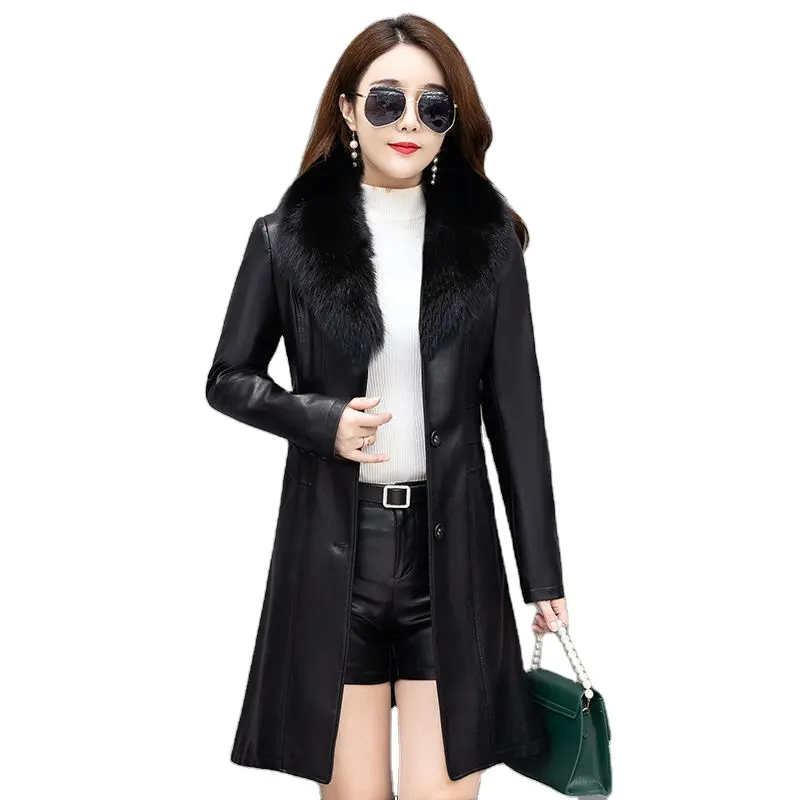 New 2022 autumn and winter leather fur collar mid-length sheepskin high quality women's genuine windbreaker leather jacket
