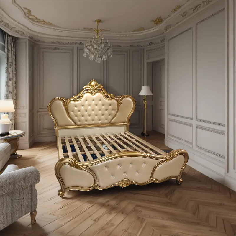 Conjunto de quarto luxuoso em couro real francês Champagne King size, moldura de madeira maciça para móveis de casa ou apartamento
