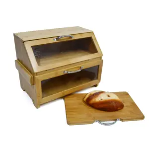 Manufacturer Double Layer Bamboo Bread Large Storage Kitchen Counter Top Bread Box With Cutting Board