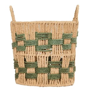Round Woven <b>Storage</b> <b>Basket</b> With Green <b>Rope</b> Detail For Home Decor And Clothing Organizer Standing Type Handmade - Product Image 5