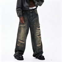 Nouveau jean en denim délavé noir et gris, coupe ample et droite, style vintage, pour homme, tendance américaine, avec design à trous factices, tissu de haute qualité