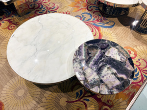 Améthyste ; Ensemble de tables basses en pierre de luxe blanc flocon de neige avec petite <span class=keywords><strong>table</strong></span> <span class=keywords><strong>basse</strong></span> en marbre, ronde, luxueuse, sensation haut de gamme - Product Image 3