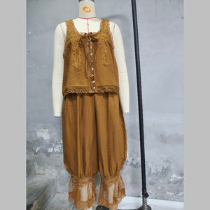 Ensemble pyjama 2 pièces pour femme été 2026, style Y2K, avec dentelle, haut à bretelles à nouer devant et pantalon long ample, ensemble de pyjama, vêtements de détente - Product Image 5