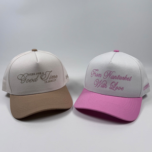 Moda escrita Good Time sombreros de boda para mujeres logotipo personalizado champán bordado gorras de camionero con J + E 5 paneles dos tonos Gorras - Product Image 6