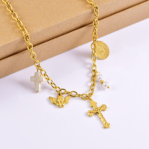 Collana pendente Vintage in acciaio inossidabile con angelo e perle 18K placcato oro Christian <span class=keywords><strong>Cross</strong></span> collana da donna - Product Image 1