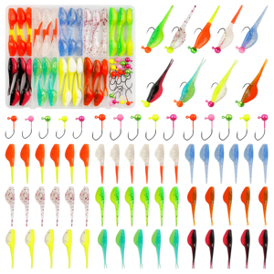 Kit de 65 señuelos para crappie, cabezas de jig, anzuelos de pesca, señuelos blandos de cola bifurcada, señuelos de natación para trucha, lubina, lucioperca, bluegill, perca - Product Image 1