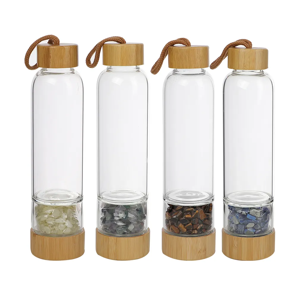 550ml design personalizzato di cristallo naturale infuso di vetro bottiglia di acqua di bambù coperchio di pietra preziosa bottiglia di acqua con cristallo all'interno