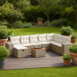 ชุดโซฟาสวนหวายเทียมสีเบจทันสมัย เฟอร์นิเจอร์กลางแจ้งพร้อมเบาะโฟมความหนาแน่นสูงเพื่อการนั่งพักผ่อนที่สะดวกสบาย - Product Image 2