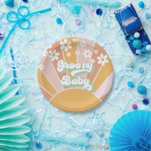 Sunbeauty Groovy 2 ° compleanno festa Boho Retro Daisy piatti di carta Groovy sole piatti di carta forniture - Product Image 1