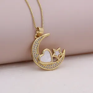 Fairy Tale Style Mosaic CZ With Zircon Surround Moon And Star Heart Pendant Necklace 24K Gold Plated Shine Accessories Jewelry