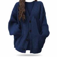 Cardigan en tricot ample à col en V pour femme, couleur unie décontractée mi-longue, collection printemps-automne, vêtements féminins transfrontaliers en gros