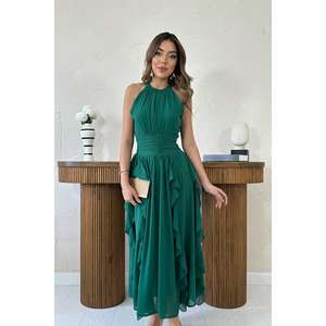 Robe en mousseline de soie vert émeraude sans bretelles, coupe trapèze, avec volants et superposition transparente, pour soirée - Product Image 3