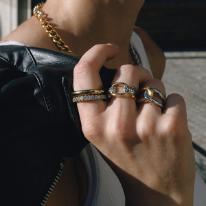 Geometric <b>Two</b>-Tone Gold <b>Ring</b> With Channel Set <b>Stones</b> Unisex Everyday Wear - Product Image 2