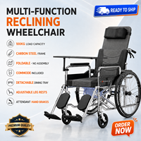 Fauteuil roulant manuel multifonction pliable et inclinable en acier au carbone avec plateau repas 24'' à roues solides et repose-jambes réglables, capacité 100 kg